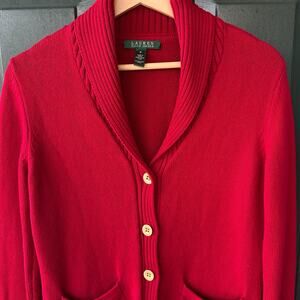 Vintage Lauren Ralph Lauren Red Shawl Collar Cardigan M Gold Buttons EUC